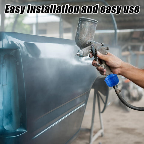 Spray gun with Six Pack Disposable Mini Air And Water Filter Cartridges for a slicker paint finish on blue car panel
