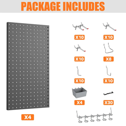 Package includes Garage Tools Organizer Board Kit With Hooks Four Black Wall Mount Panels For Easy Tool Storage display.