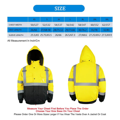 High Visibility Reflective ANSI Class 3 Bomber Jacket for Men Waterproof Safety Workwear Yellow Large with size chart