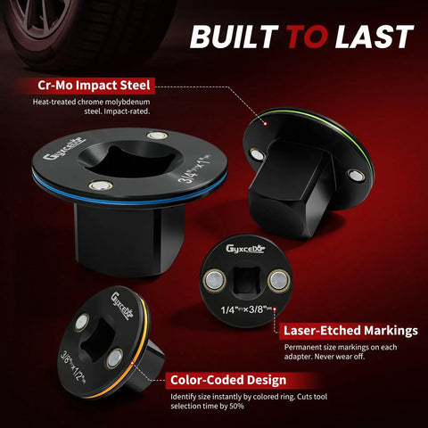 Upgraded Low Profile Impact Socket Adapter Set Perfect For Tight Spaces With Cr-Mo Construction And A Complete 4-Pc Kit To Convert Drive Sizes Smoothly, black adapters