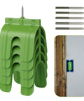 Professional Electrical Box Positioning Tool Set With 5 Metal Frame Markers For Plasterboard Installation showing green layout tool and steel markers.