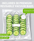 Front view of a clear reusable vacuum storage bag filled with cucumber slices; includes 30 bags.