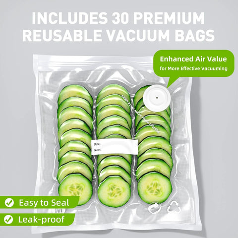 Front view of a clear reusable vacuum storage bag filled with cucumber slices; includes 30 bags.