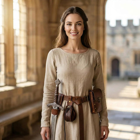 Woman in medieval dress wearing a Medieval Belt Pouch Set With Detachable Belt And Leather Bracers Coin Bag Hook Strap