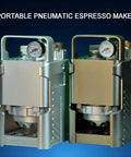 Portable Pneumatic Espresso Maker With 58mm Portafilter And Dual Pressure Gauges, showcasing two aluminum coffee makers with gauges.
