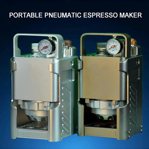 Portable Pneumatic Espresso Maker With 58mm Portafilter And Dual Pressure Gauges, showcasing two aluminum coffee makers with gauges.