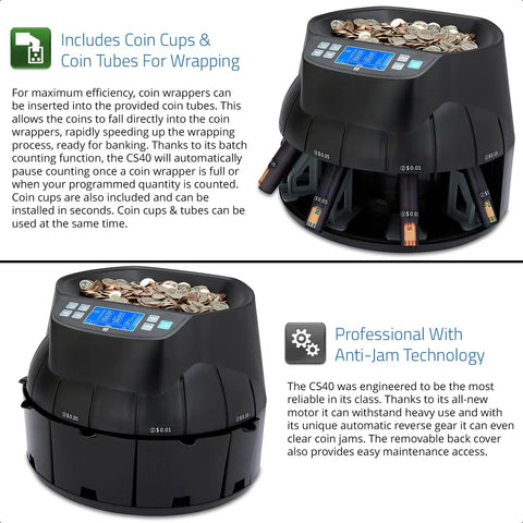 Hustle Ready Commercial Coin Counter And Sorter Roller Machine With Large Hopper Auto Reverse Motor Smooth Cash Sorting Quick Currency Handling For Retail Shops with coins and wrappers.