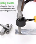 Pro Grade Metal Stamping Kit With 36 Stamps Including A To Z 0 To 8 and Ampersand Symbol being used on metal surface