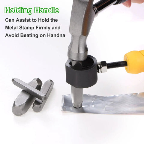 Pro Grade Metal Stamping Kit With 36 Stamps Including A To Z 0 To 8 and Ampersand Symbol being used on metal surface
