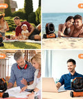 Camping Fan With 20000mAh Battery And LED Lantern in various outdoor settings: camping, beach, jobsite, and office.