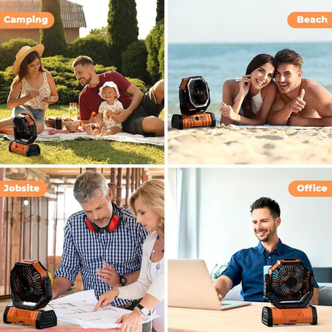 Camping Fan With 20000mAh Battery And LED Lantern in various outdoor settings: camping, beach, jobsite, and office.