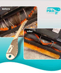 Vacuum Hair Brush Cleaner Tool For Pet And Human Hair Removal showing before and after cleaning with Easy Peasy Rake Comb.