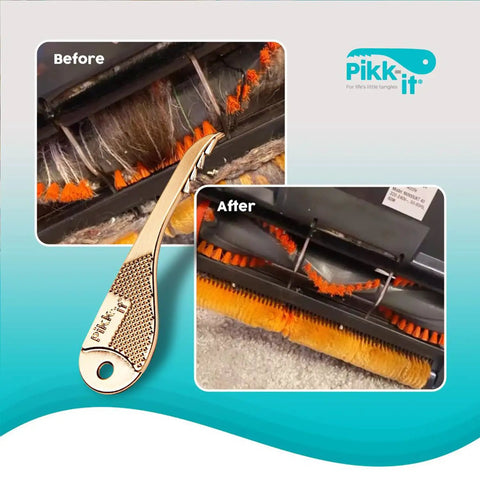 Vacuum Hair Brush Cleaner Tool For Pet And Human Hair Removal showing before and after cleaning with Easy Peasy Rake Comb.