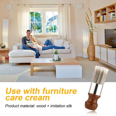 Living room with sofa, table, and Salve Brush for Leather and Wood Furniture with Comfortable Handle Durable Wax Brushing Tool
