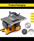 Compact Desktop Table Saw With Diamond And Manganese Blades For Slick Wood Or Metal Cuts Up To Half Inch Deep Benchtop Rig with blades included.