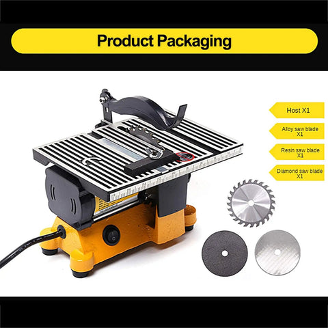Compact Desktop Table Saw With Diamond And Manganese Blades For Slick Wood Or Metal Cuts Up To Half Inch Deep Benchtop Rig with blades included.