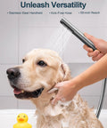 GRANDJOY 10" Wall Mount Shower System with Handheld Spray, Brushed Nickel, featuring stainless steel handheld hose washing a dog.