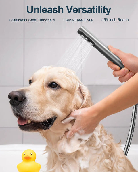 GRANDJOY 10" Wall Mount Shower System with Handheld Spray, Brushed Nickel, featuring stainless steel handheld hose washing a dog.