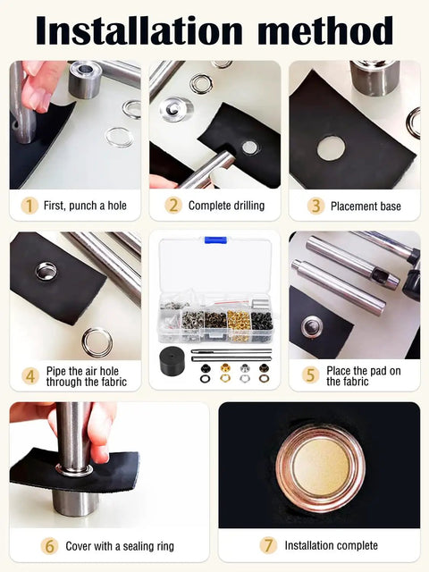 Installation method for Built Dang Tough 420 Leather Grommet And Eyelet Kit with steps for using punches and setting grommets.