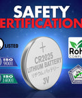 Hella Durable Cr2025 Batteries 24 Count Lithium 3V Coin Cell Button Pack with safety certifications and labels