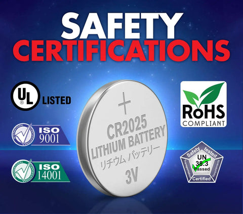 Hella Durable Cr2025 Batteries 24 Count Lithium 3V Coin Cell Button Pack with safety certifications and labels