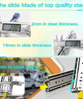 Image showing measurements of Heavy Duty Locking Drawer Slides Set 10 To 72 Inch Full Extension Ball Bearing Rails, highlighting steel thickness and width.
