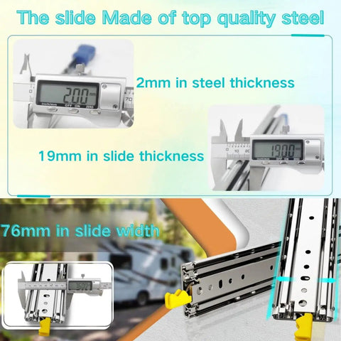 Image showing measurements of Heavy Duty Locking Drawer Slides Set 10 To 72 Inch Full Extension Ball Bearing Rails, highlighting steel thickness and width.