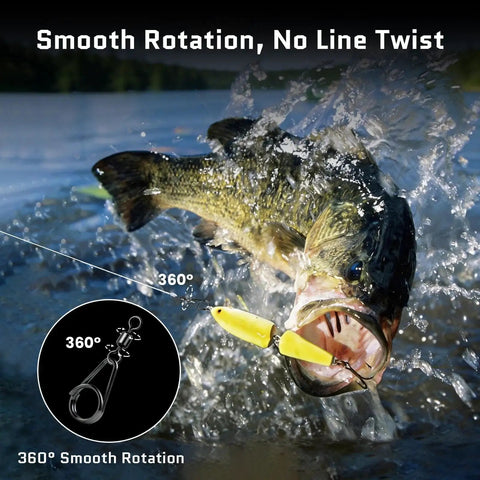 Pro Grade Fishing Swivels Snap With Pear Oval Split Ring Black Nickel 360 Degree Rotation Anti Twist For Braids High Speed Stainless Ball Bearings Secure Double Lock Snap Pear Shaped Design For Lures And Smooth Action on bass lure