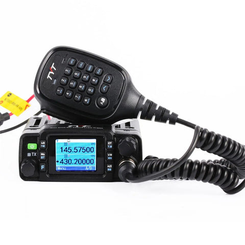 Dual Band 25 Watt Ham Radio Base Transceiver With IP67 Waterproof Build For Home And On The Go 144 148 MHz VHF And 420 450 MHz UHF Easy PC Programming Back Port Front Microphone Access Cable Included featured with microphone and display
