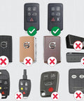 Two Pack CR2430 Key Fob Batteries For Volvo XC60 2010 2017 S60 2011 2018 XC70 2008 2016 S80 2007 2016 V60 2015 2018 V70 2008 2010 Remote Fob Replacement With Pry Tool Included compatibility chart showing correct and incorrect key fob models.