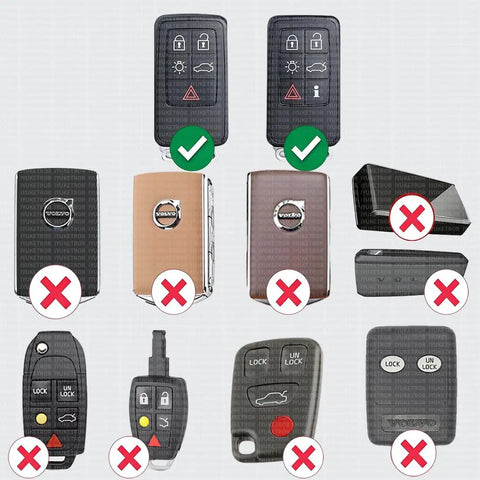 Two Pack CR2430 Key Fob Batteries For Volvo XC60 2010 2017 S60 2011 2018 XC70 2008 2016 S80 2007 2016 V60 2015 2018 V70 2008 2010 Remote Fob Replacement With Pry Tool Included compatibility chart showing correct and incorrect key fob models.
