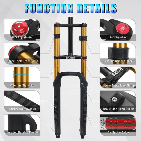 Close-up of Beefed Up 26 Inch Fat Tire Electric Bike Front Fork With Air Suspension, showcasing ABS adjustment and air chamber.