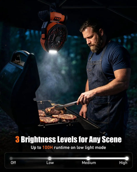 Rechargeable Camping Fan With 20000mAh Battery, LED Light, And Built In Hook hanging over grill at night