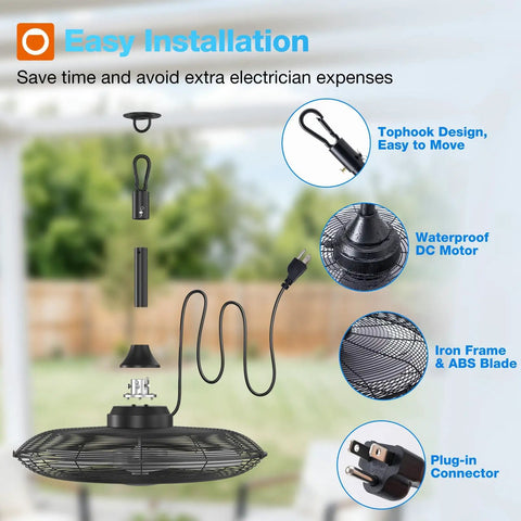 Easy installation of 20-inch outdoor patio ceiling fan with remote and app control, showing waterproof DC motor and plug-in connector.