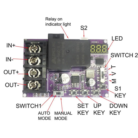 Internal view of 2 In 1 Low Voltage Protector For Batteries, 40A DC 5V To 60V Cutoff With LCD Display showing buttons and circuits