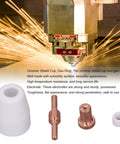 110 Piece Plasma Cutter Consumables Set With Ceramic Cups Electrodes Nozzles And Gas Rings For Cut40 50 showcasing ceramic cup and copper nozzle.
