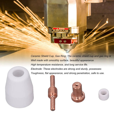 110 Piece Plasma Cutter Consumables Set With Ceramic Cups Electrodes Nozzles And Gas Rings For Cut40 50 showcasing ceramic cup and copper nozzle.