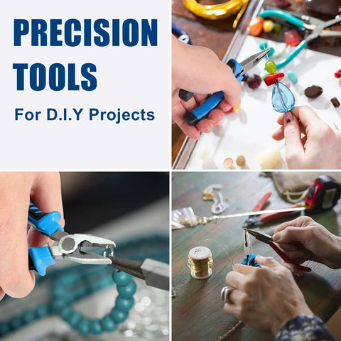 Six Piece Mini Pliers Set With Precision Tools for Electronics and DIY Crafting in use on jewelry and delicate projects.