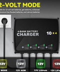 Four Bank 12V Marine Battery Charger Delivering 40A Total With 10A Per Bank product display showing 12V modes and ports.