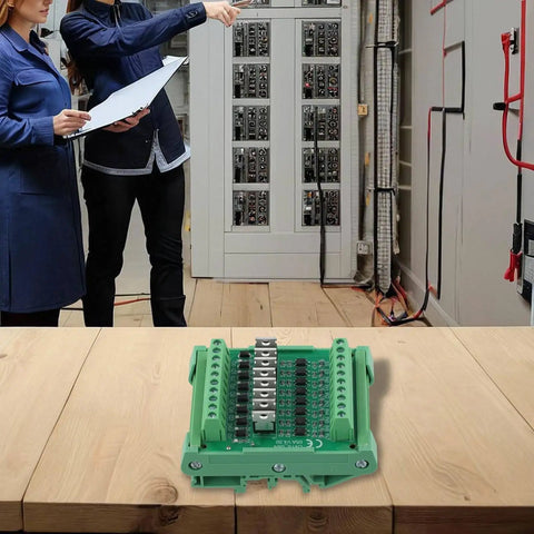 8 Channel Optocoupler Isolator Module For PLC DC Output Board on table, electrical panel in background