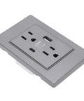 Top Tier 15 Amp Decorator Wall Outlet With Included Wall Plate And Efficient USB Type C Charging, gray design, dual outlets, USB port.
