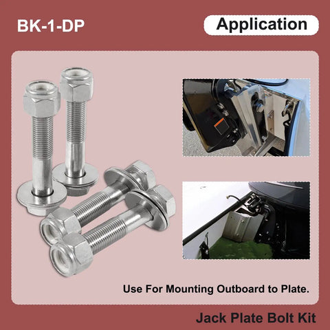 Outboard Jack Plate Bolt Kit for Smooth Rock Solid Mounting to Plate Replaces OEM BK1DP 02 1729, shown with application examples