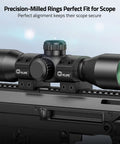 Rock Solid One Inch Low Profile Scope Rings For Standard Picatinny Rails With Locked Down Recoil Stop Precision Rifle Optic Mount Brackets Two Pack Range Ready mounted on a rifle scope.