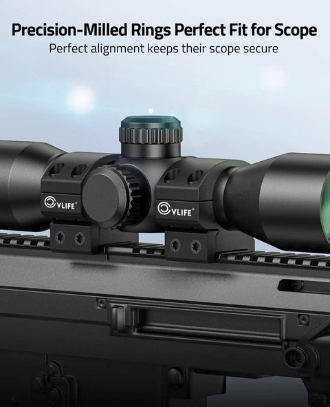 Rock Solid One Inch Low Profile Scope Rings For Standard Picatinny Rails With Locked Down Recoil Stop Precision Rifle Optic Mount Brackets Two Pack Range Ready mounted on a rifle scope.