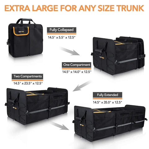 Large Trunk Organizer With Built In Leakproof Cooler Bag 2 Tie Down Straps 4 Removable Dividers Foldable 600D Oxford