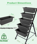 5 Tier Elevated Garden Bed With Lockable Caster Wheels For Freestanding Vertical Growing, Includes Five Planter Boxes To Grow Vegetables Herbs And Flowers Indoors Or Outdoors In A Space Saving Easy Peasy Assembly Durable Black Design, displaying product dimensions and weight capacity