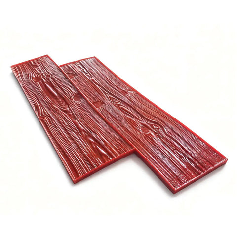 Wood Grain Concrete Stamp Set With Multiple Patterns For Realistic Stone Wall Texture And Quick Texture Skin 29 By 12 By 0.7 Inch Stamped Concrete Molds Decorative Concrete Stamp Mats Edge Molds Release Agent Recommended shown in red with wood grain detail.