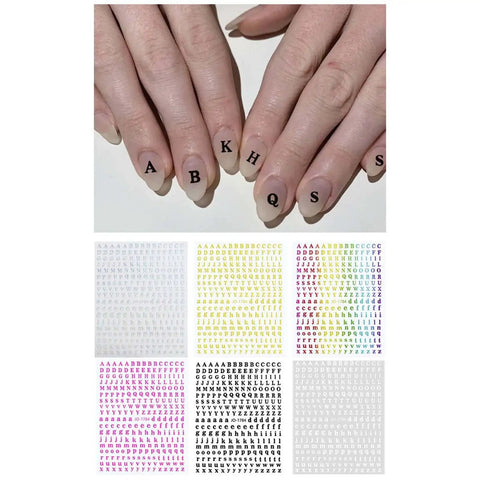 Hands with letters A, B, K, H, Q, S on nails, alphabet nail art stickers in various colors below