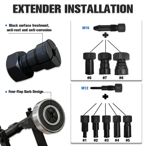 Extender installation components for 12-Piece Motorcycle Bearing Puller Kit With Slide Hammer, showing collet sizes M16 and M12.