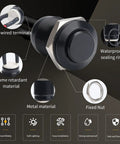 Diagram showing features of 12mm Momentary Push Button Switch Waterproof IP65 Black Aluminum Alloy Shell Pre Wired 5 Pack, including pre-wired terminals and waterproof sealing ring.